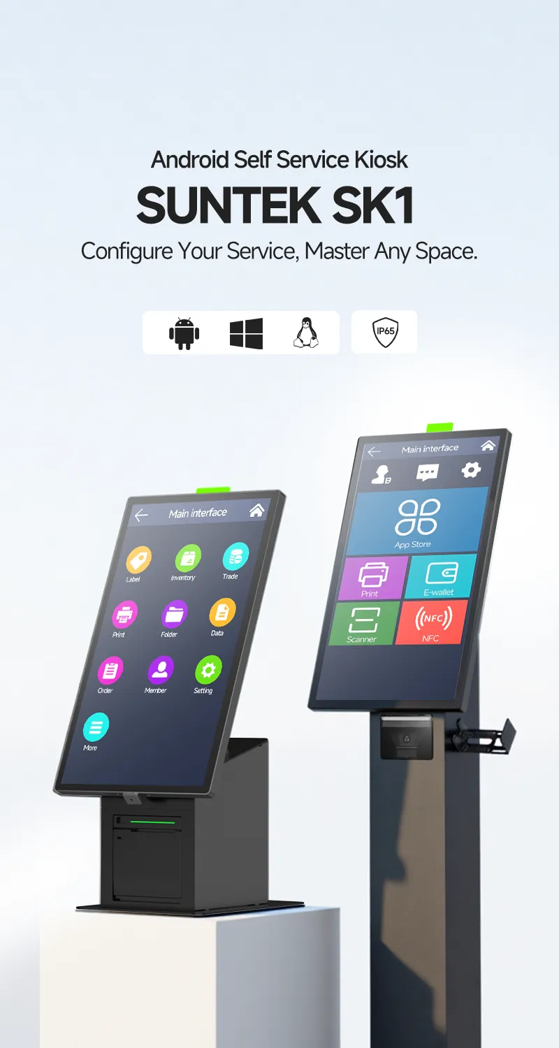 SUNTEK SK1 versatile self-service kiosk with multiple installation modes and multi-OS support, designed for any high-traffic commercial space.