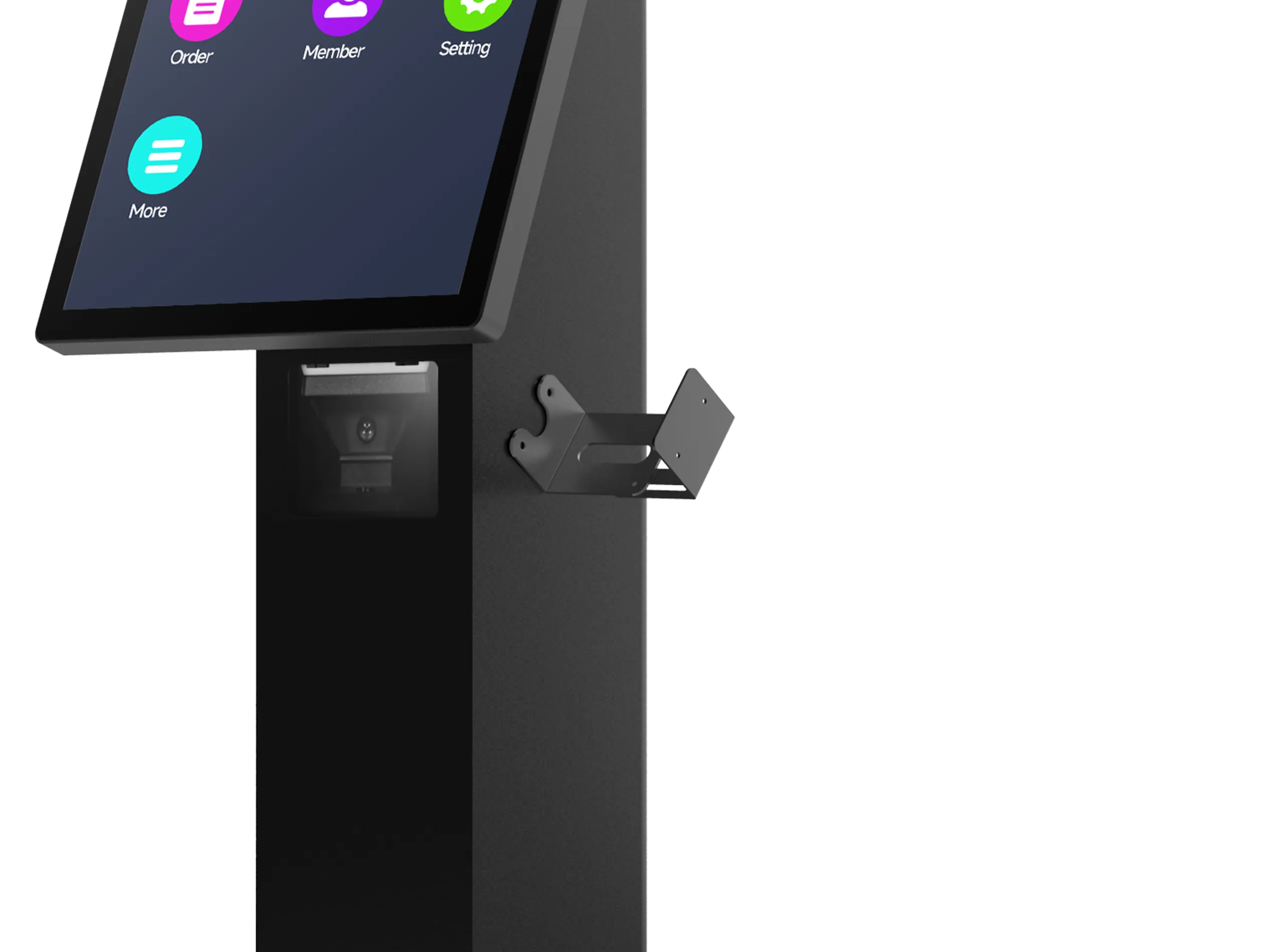 Adjustable POS terminal bracket on SUNTEK SK1 kiosk for secure credit card payment integration.