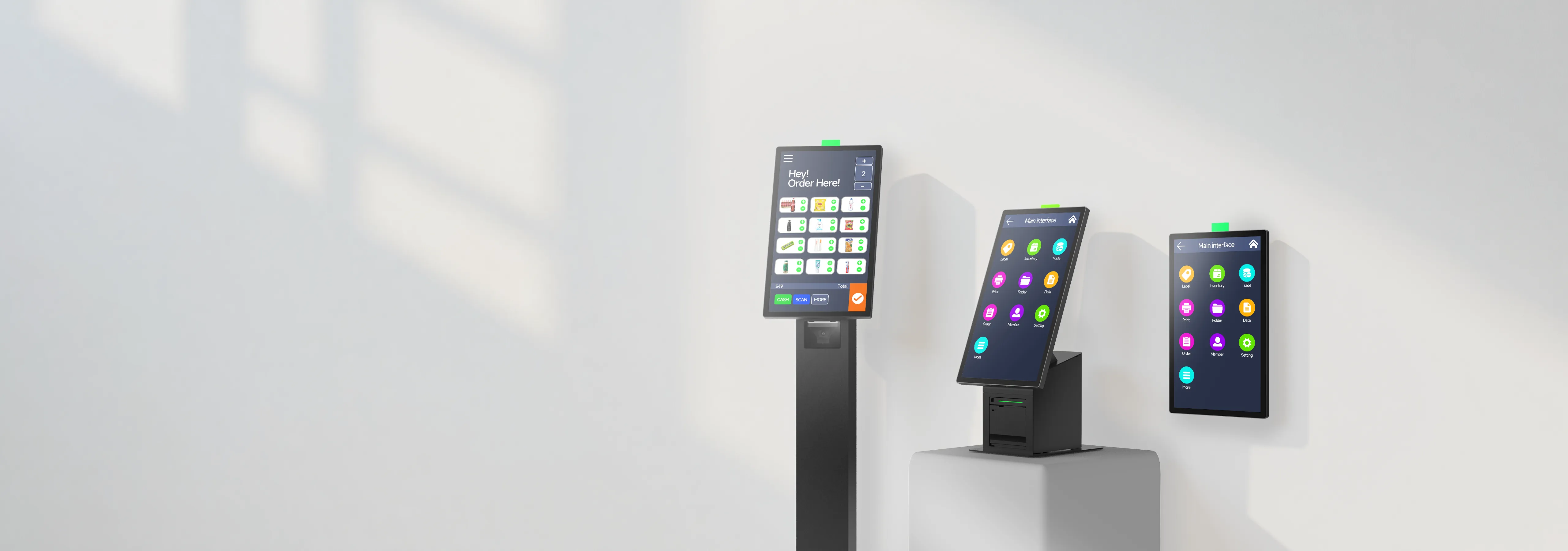 SUNTEK SK1 series self-service kiosk showcasing versatile mounting options including floor-standing, desktop, and wall-mounted configurations for flexible business deployment.