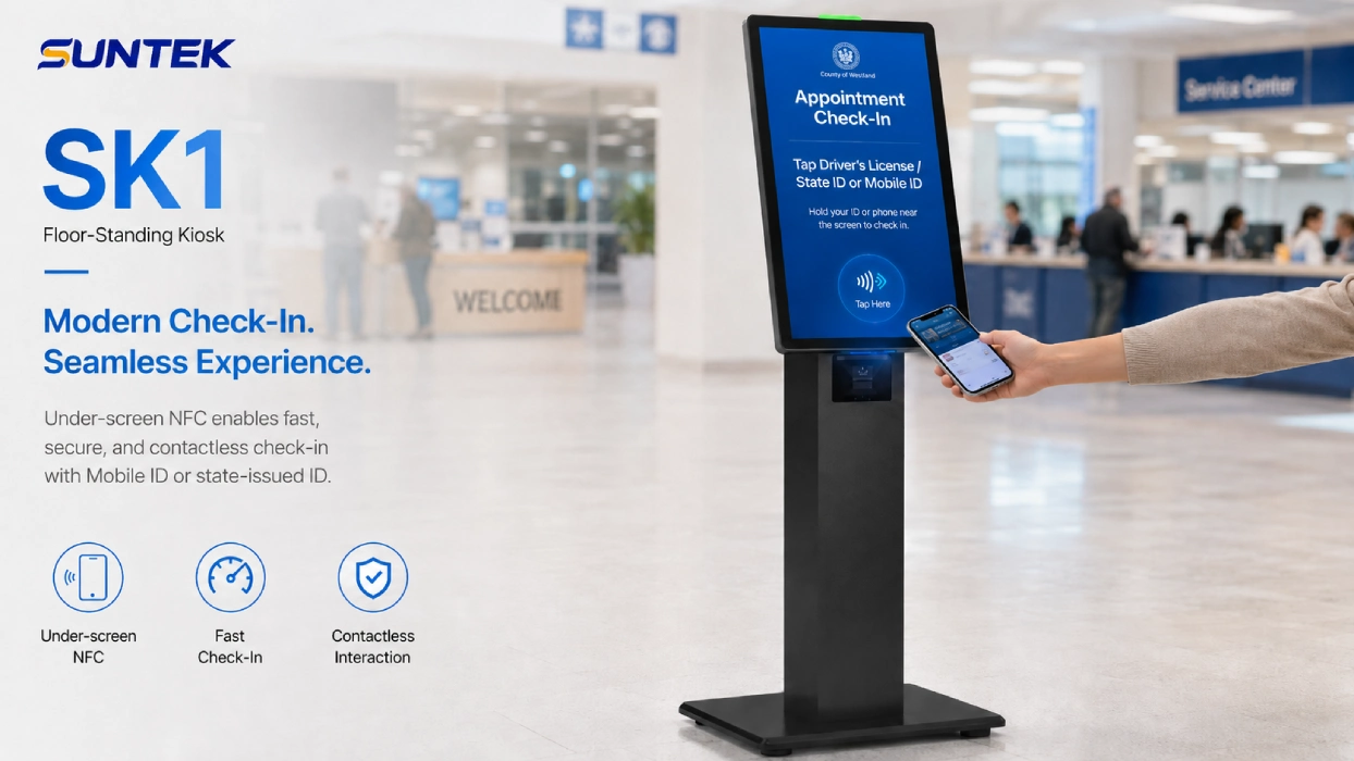 SUNTEK SK1 under-screen NFC check-in kiosk supporting mobile ID state-issued ID and contactless interaction