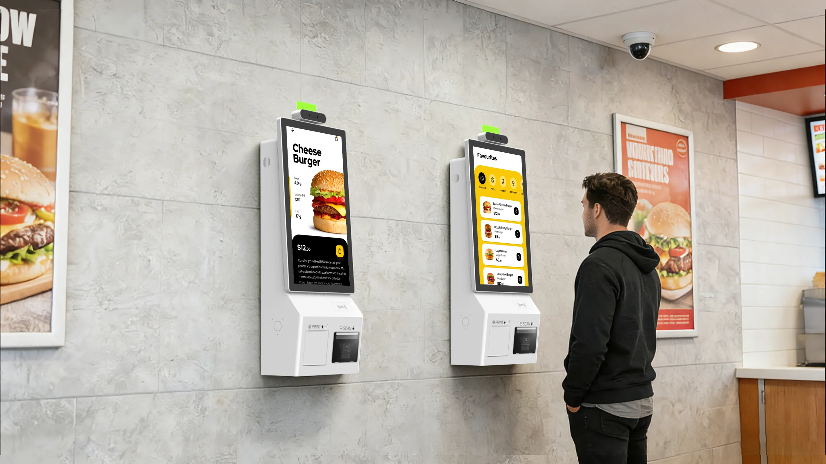 SUNTEK SK5 wall-mounted self-service kiosks in a restaurant for automated food ordering and digital payments.