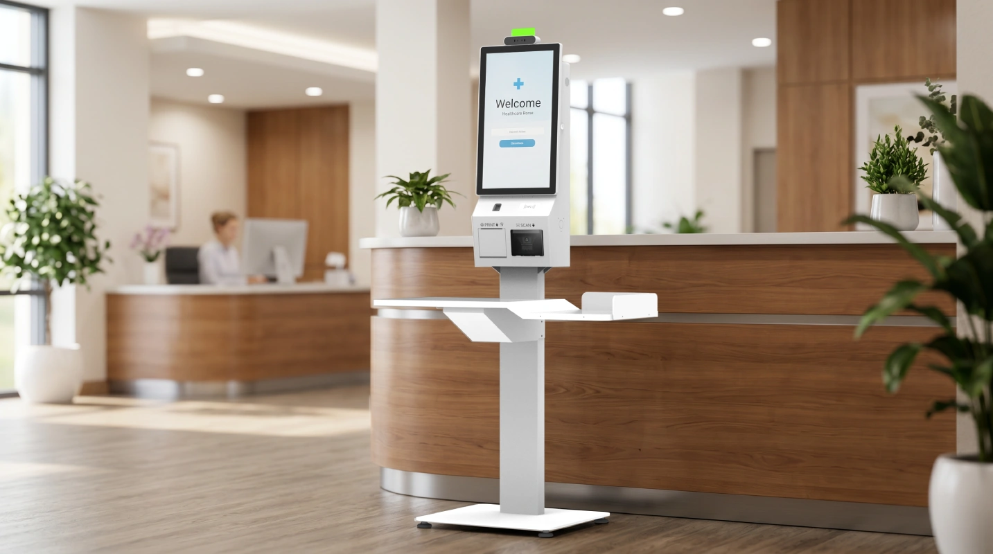 Healthcare self service kiosk with biometric identification at hospital reception for secure check in