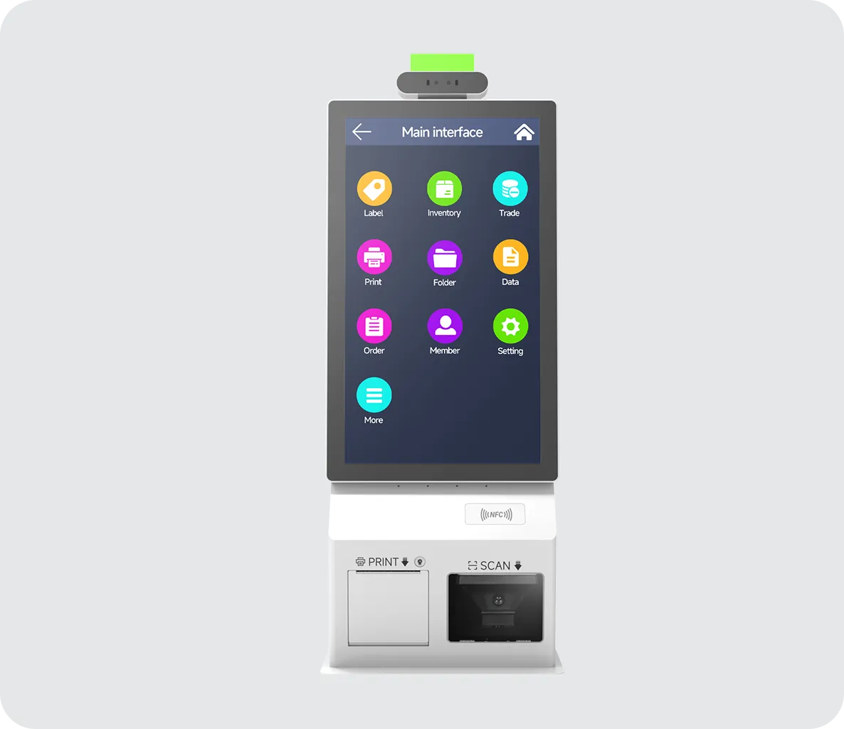 SUNTEK SK5 kiosk machine featuring a 27-inch large interactive touchscreen for enhanced self-service display.