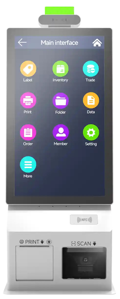 SUNTEK SK5 Kiosk Machine 21.5 Inch Touchscreen Front view of self-service terminal with built-in printer and scanner displaying main interface