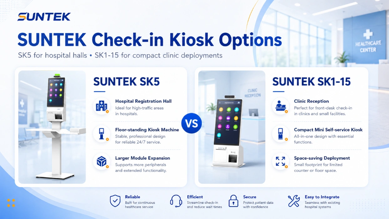 SUNTEK SK5 and SK1-15 check-in kiosk options for hospital clinic and outpatient healthcare deployment