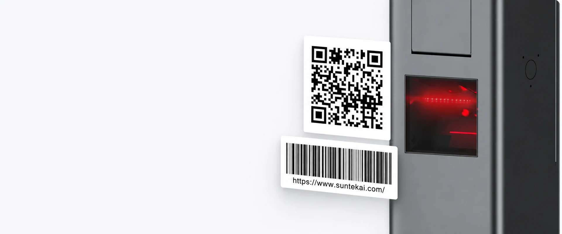 SUNTEK SK7 self-service kiosk with an integrated 1D/2D barcode scanner, shown beside QR code and barcode examples.