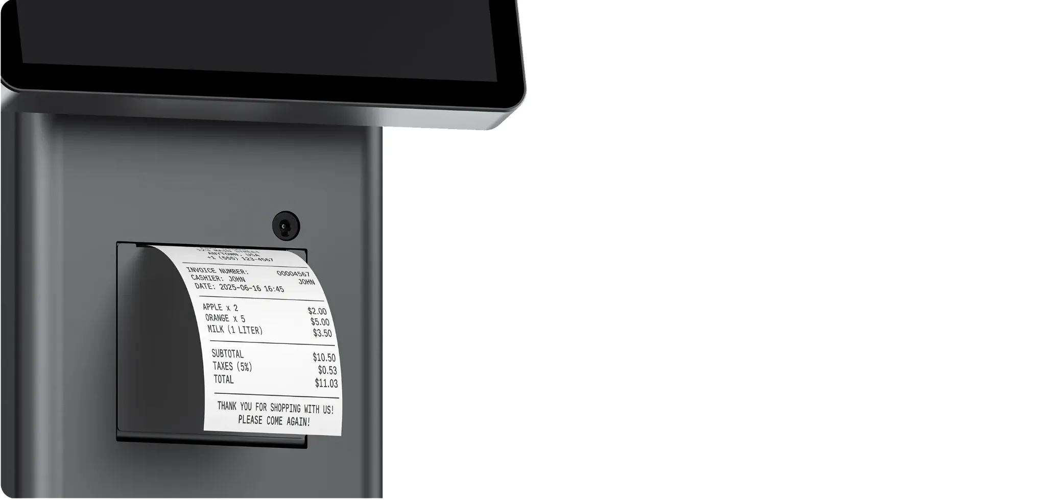 SUNTEK SK7 self-service kiosk with a built-in 80mm thermal printer dispensing a receipt.