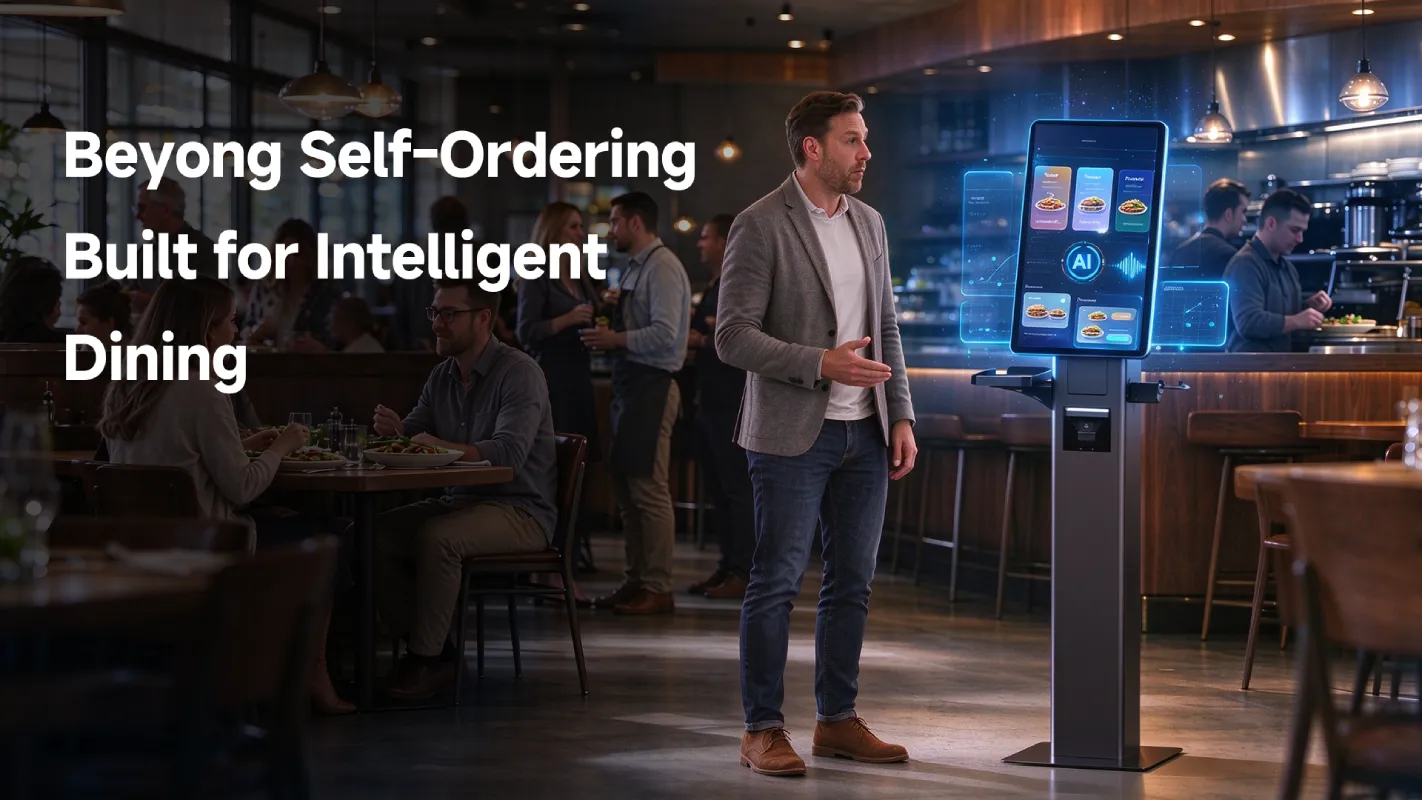 SUNTEK SK7 AI-ready self-ordering kiosk concept in a modern restaurant, featuring a touchscreen menu and AI-assisted customer interaction visuals.