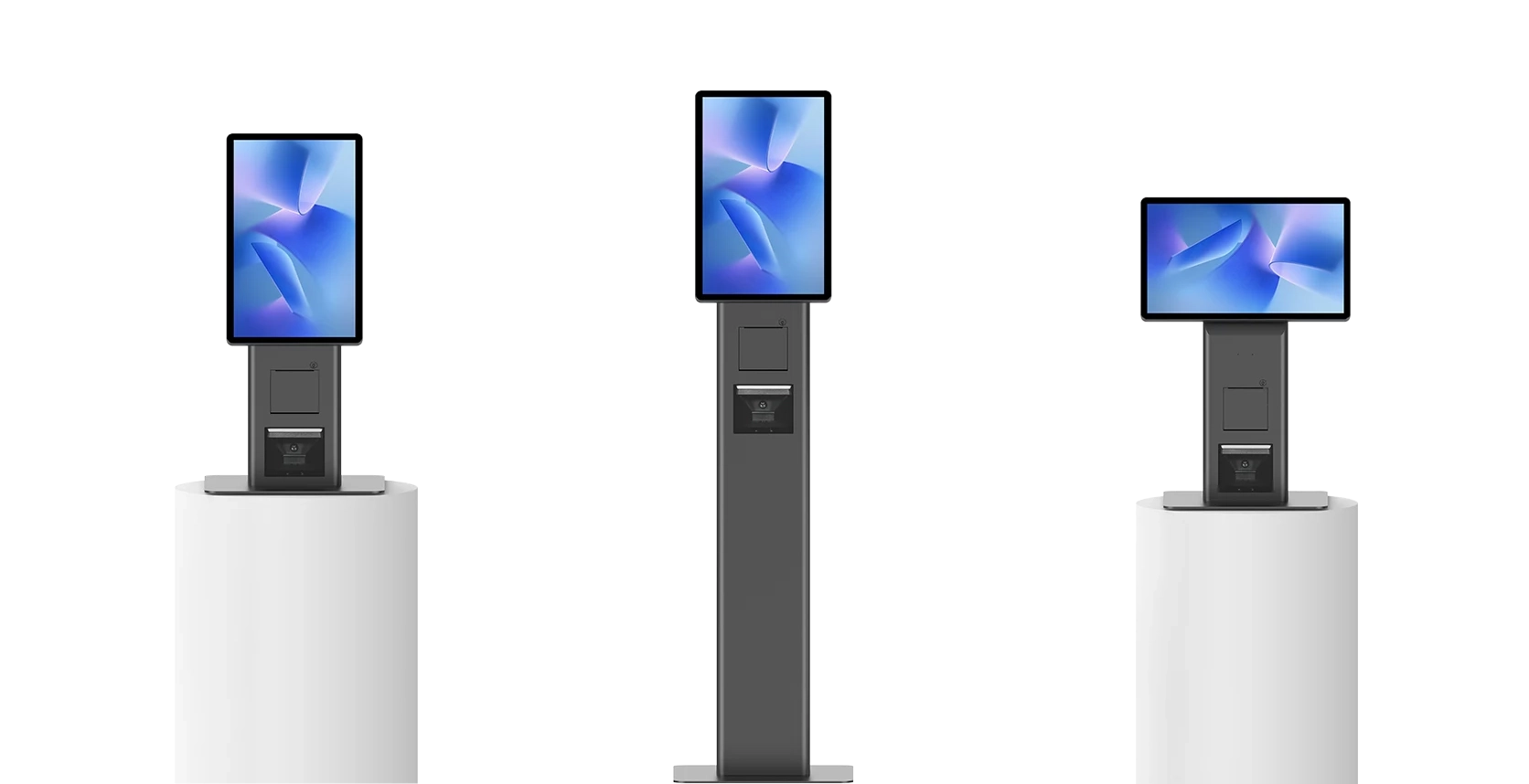 SUNTEK SK7 self-service kiosk shown in countertop portrait, freestanding portrait and countertop landscape configurations.