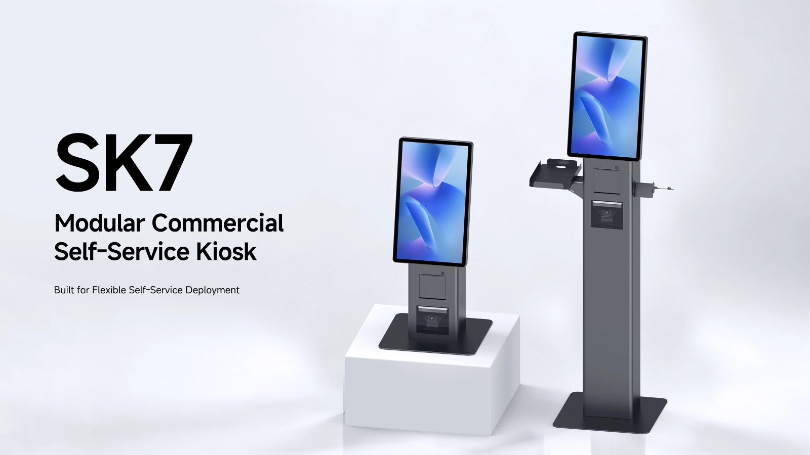SUNTEK SK7 flagship modular self-service kiosk in countertop and floor-standing.