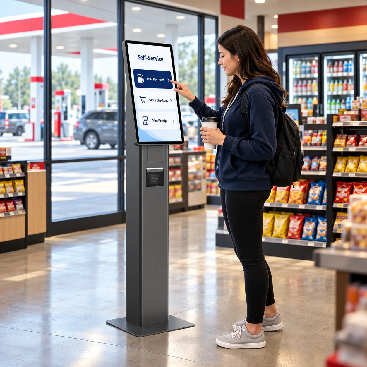 SUNTEK SK7 kiosk displaying fuel payment and store checkout options inside a gas station convenience store.