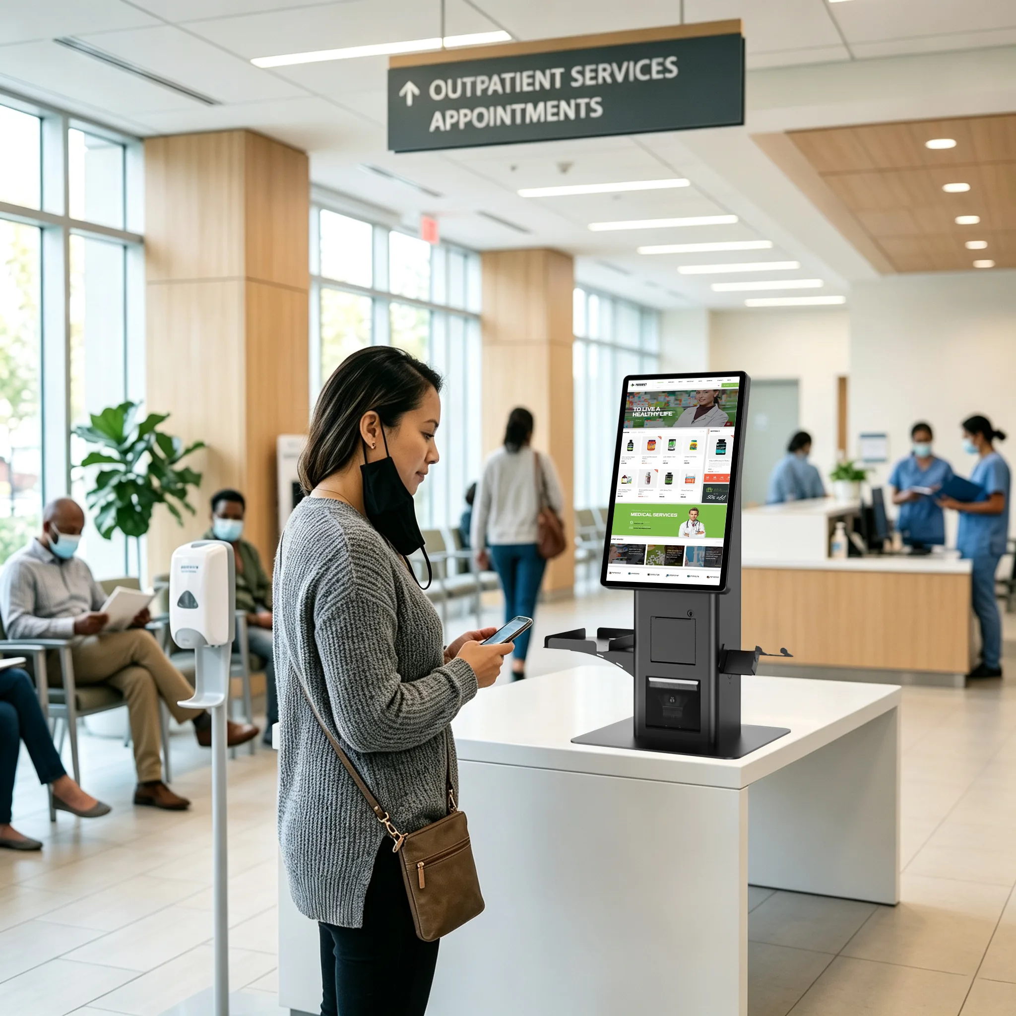 SUNTEK SK7 countertop kiosk in a healthcare registration area.