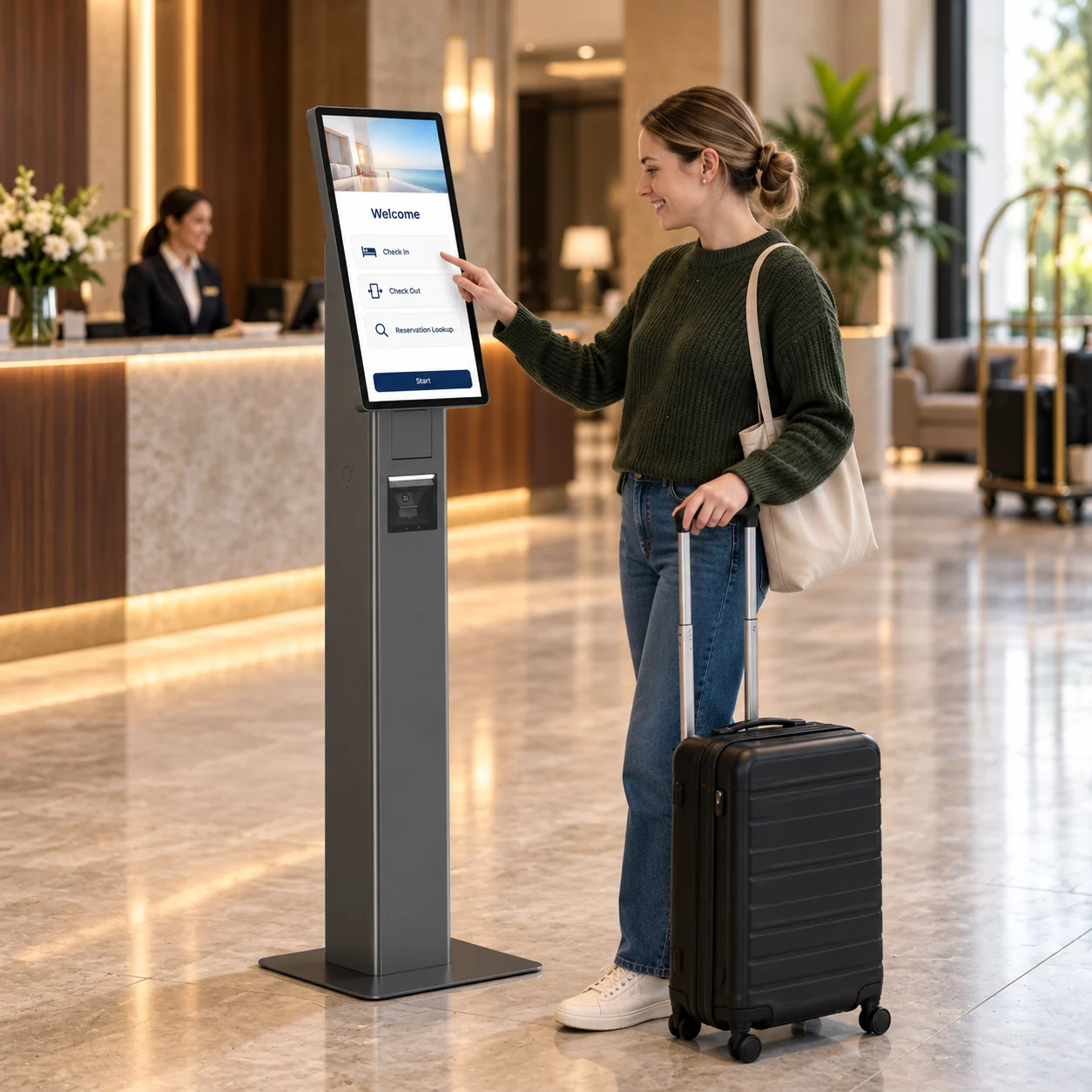 Guest using a SUNTEK SK7 freestanding self-check-in kiosk in a hotel lobby.