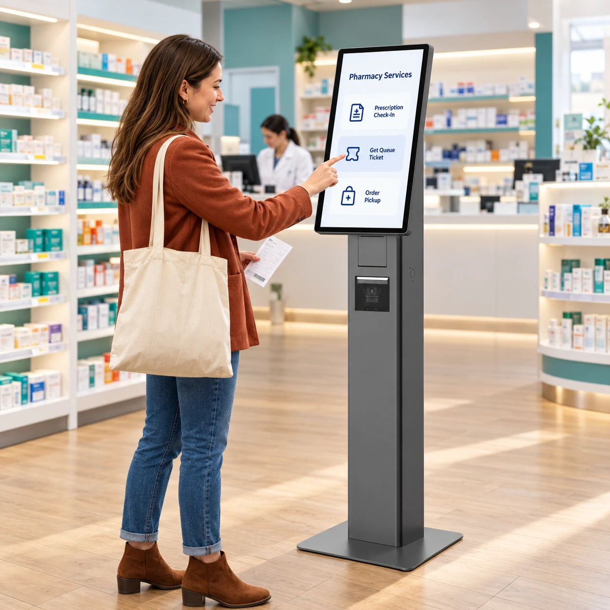 Customer using a SUNTEK SK7 kiosk displaying prescription check-in, queue ticket and order pickup options in a pharmacy.