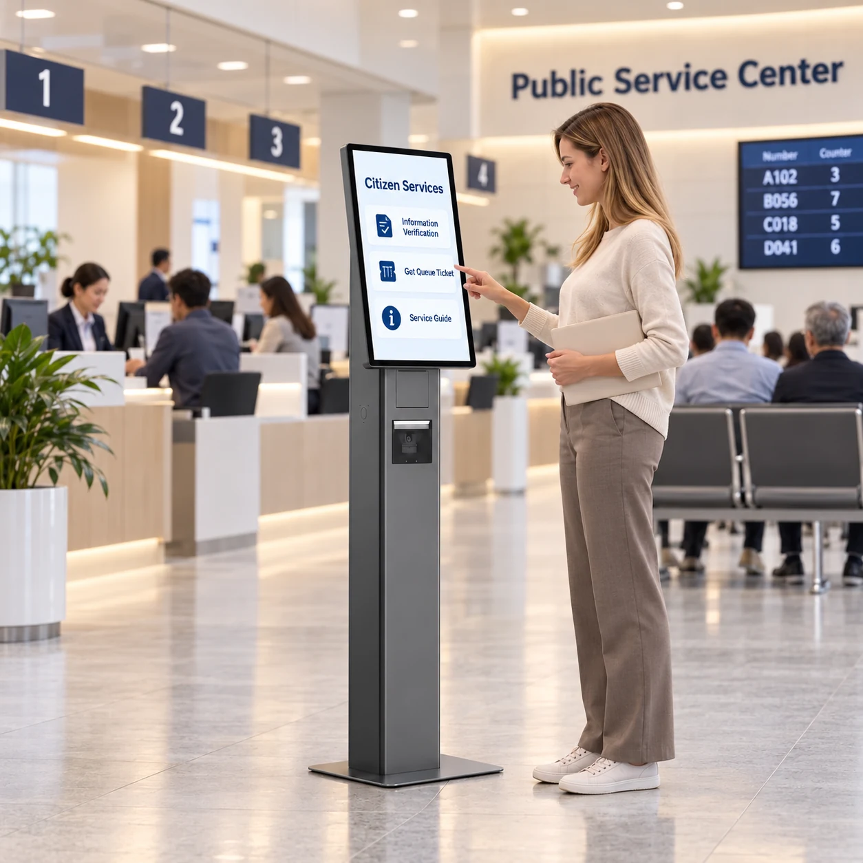 SUNTEK SK7 kiosk displaying information verification, queue ticket and service guide options in a public service center.