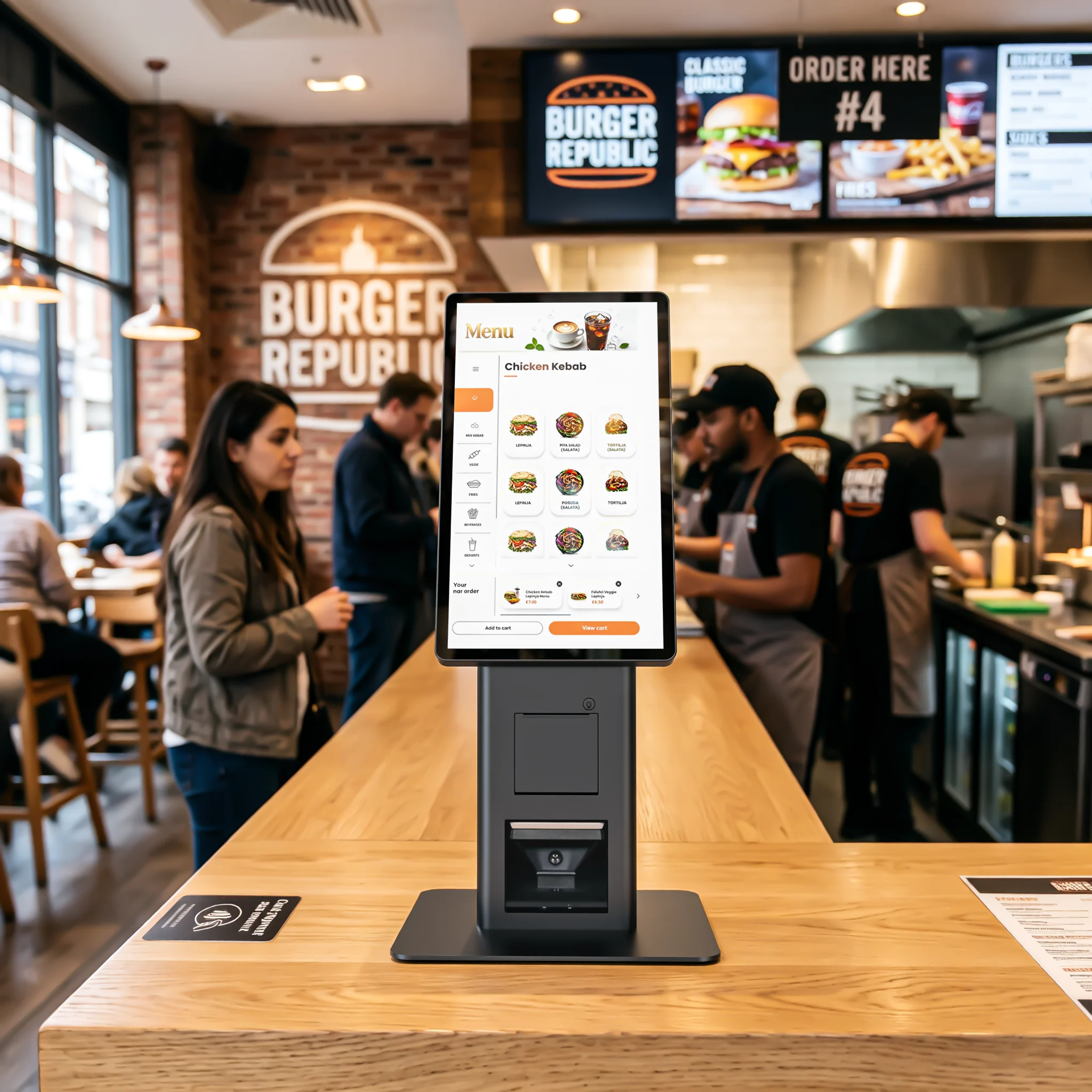 SUNTEK SK7 countertop self-ordering kiosk in a quick-service restaurant.