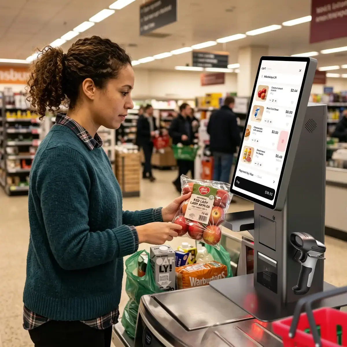 SUNTEK SK7 self-checkout kiosk in a retail store.