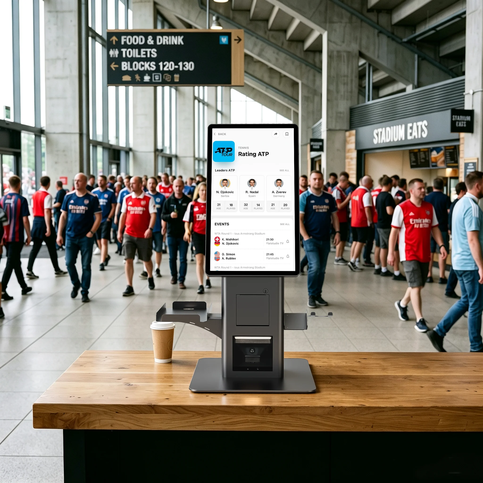SUNTEK SK7 countertop self-service kiosk at a stadium venue.
