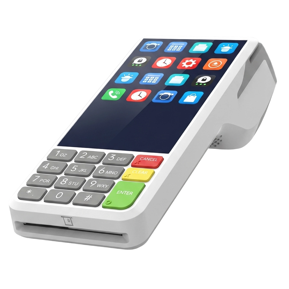 SUNTEK SM4 mobile POS terminal angled view showing physical keypad and IC card reader
