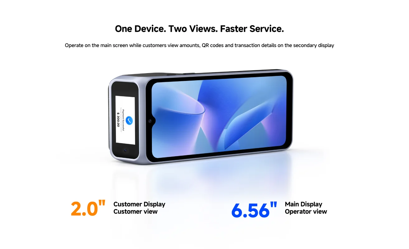 SUNTEK SM6 handheld POS terminal with 6.56-inch main display and 2.0-inch customer-facing secondary display showing transaction information