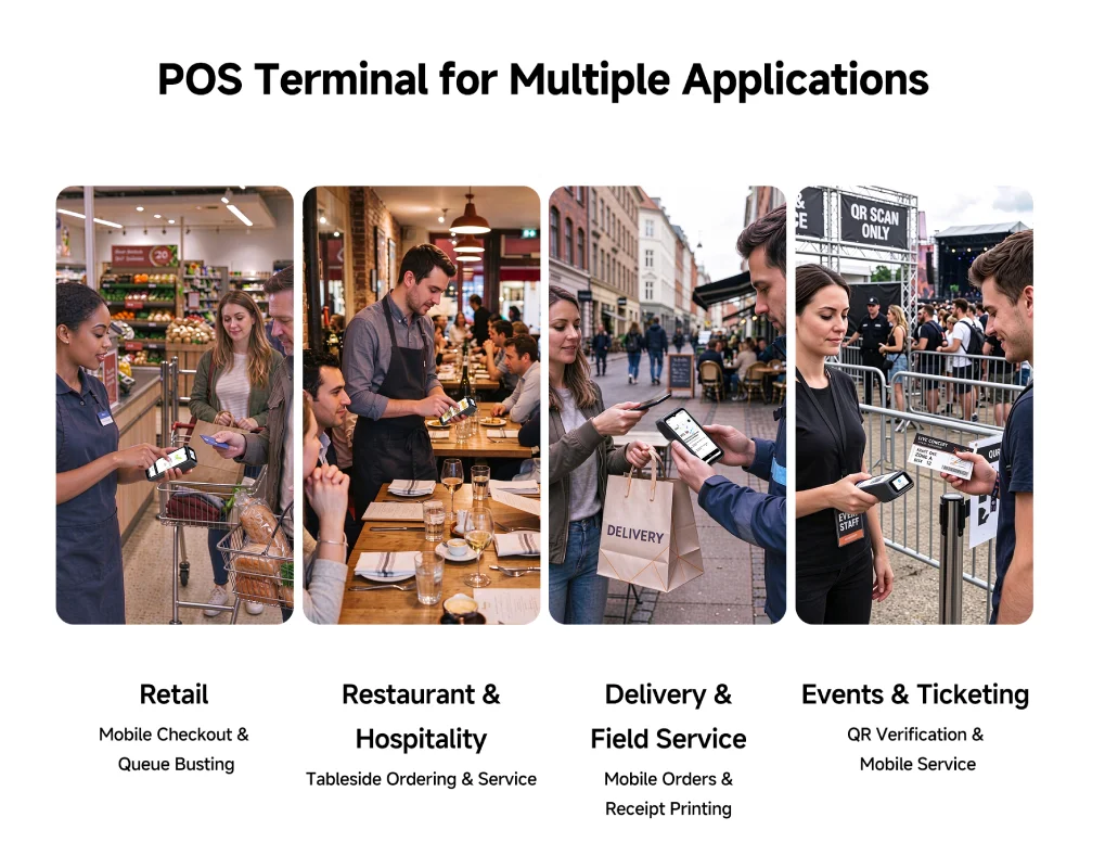 SUNTEK SM6 handheld POS applications in retail checkout, restaurant tableside ordering, delivery services, and event ticket verification