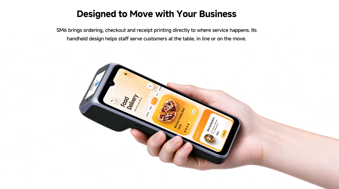 SUNTEK SM6 portable Android handheld POS terminal held in one hand, displaying a mobile food ordering application