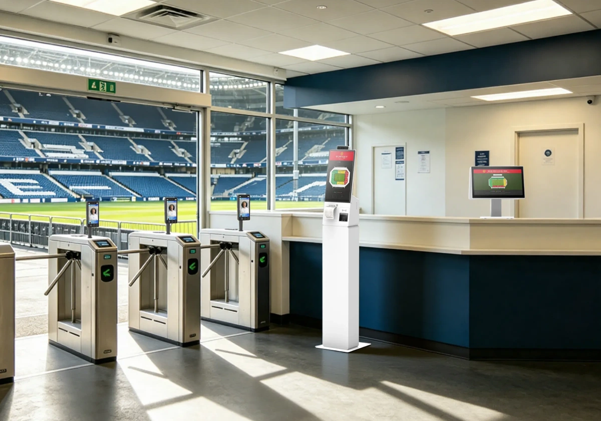 SUNTEK ticketing and visitor management hardware with self-service kiosk and facial recognition terminal for venue entry